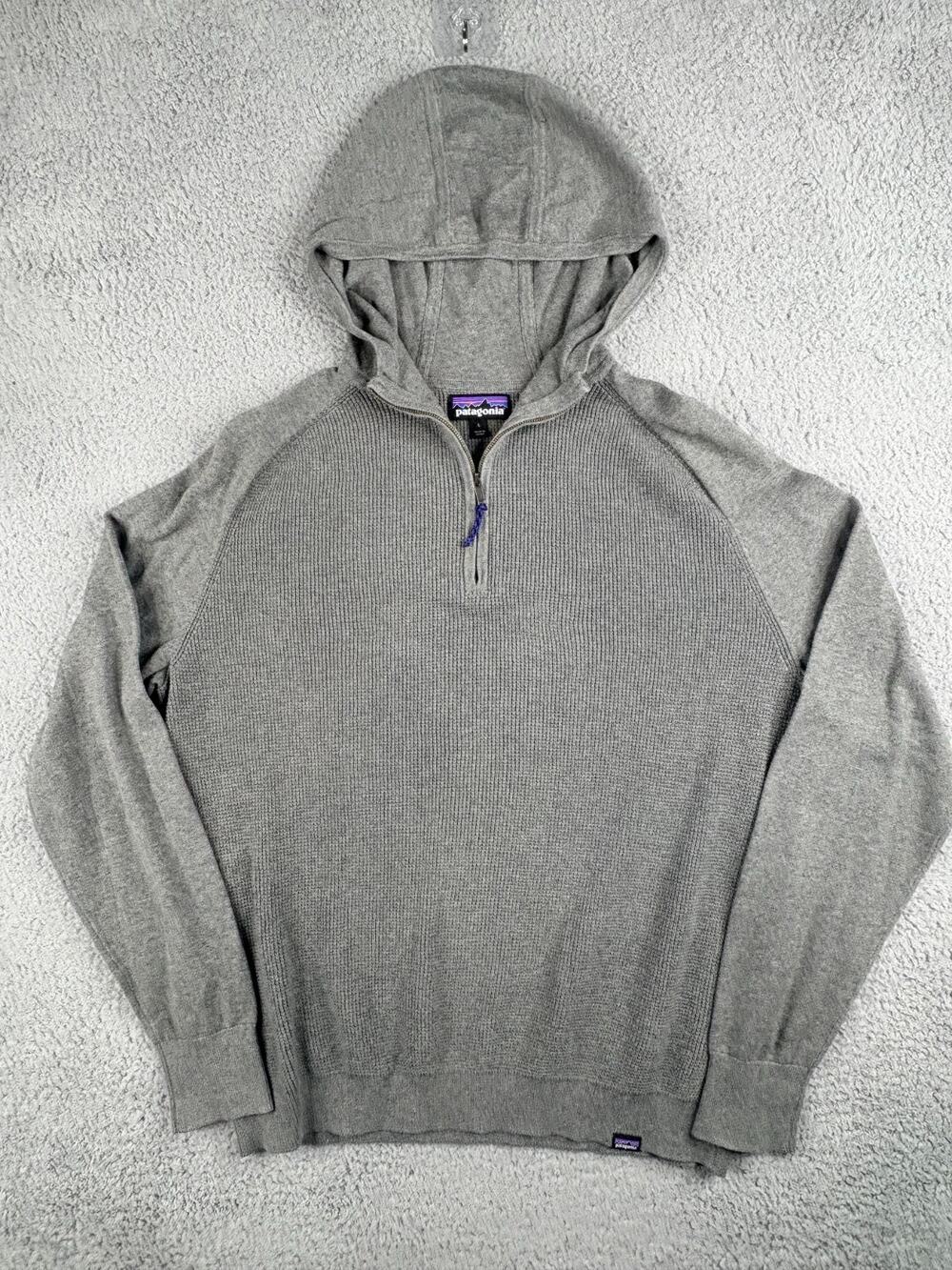 Patagonia Yewcrag Pullover Sweater Men's Large Gray Waffle Knit 1/4 Zip Hooded